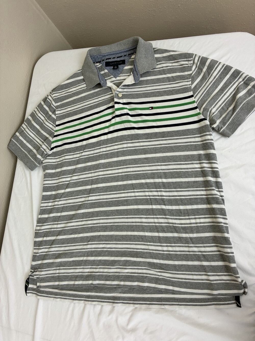 Tommy Hilfiger Regular Fit Short Sleeve Polo Size L Color Gray Pattern Striped